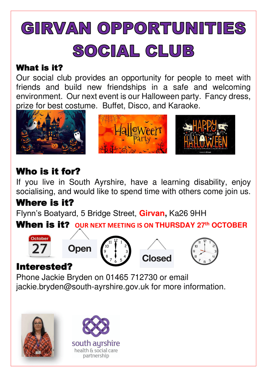 If you live in South Ayrshire, have a learning disability, and would like to meet new people or spend time with friends, come and join us for our Halloween Party! 🎃 📅 Thursday 27 October 6pm - 8pm 📍 Flynn's Boatyard, 5 Bridge Street, Girvan