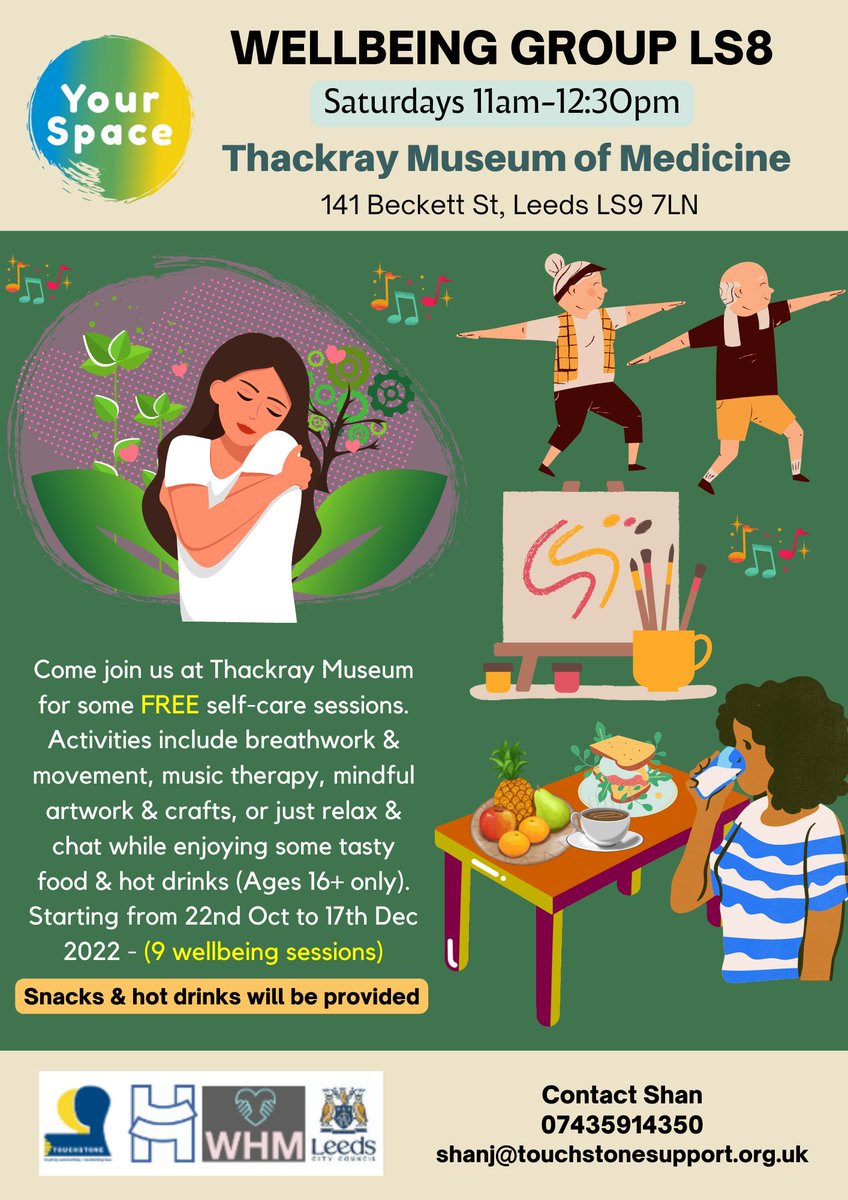 Our weekly wellbeing sessions in LS8 will now take place <a href="/thackraymuseum/">Thackray Museum of Medicine</a> every Saturdays from 11am to 12:30pm. Join us for free self-care activities or you can just simply relax &amp; chat while enjoying some tasty food &amp; hot drinks
 <a href="/MHealthyLEEDS/">Mentally Healthy Leeds</a> <a href="/Touchstone_Spt/">Touchstone</a> <a href="/LauraRoseWild/">Laura Wild (she/her)</a>