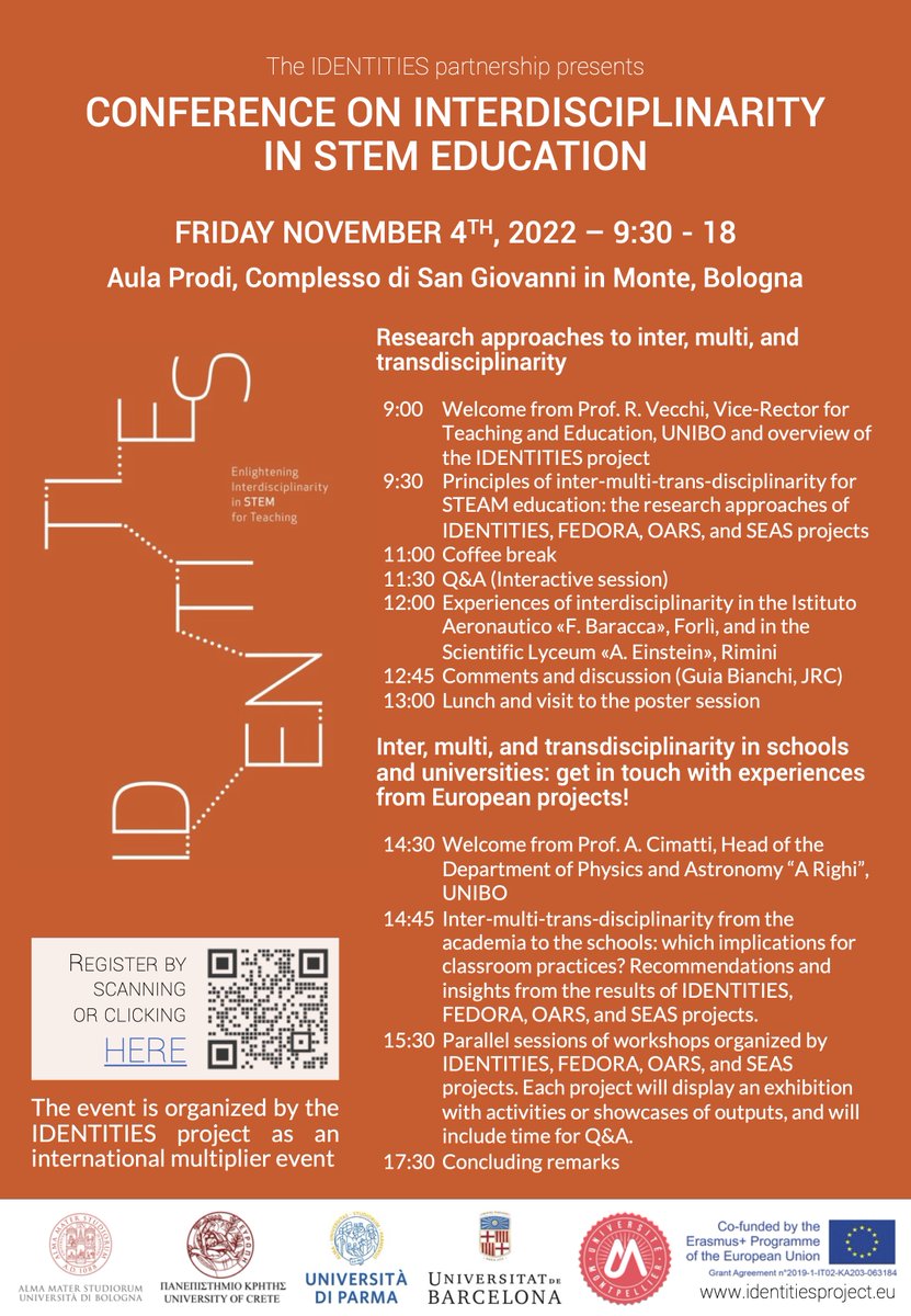 🚨 The IDENTITIES partnership presents the final international multiplier event, to be held in Bologna on November 4th as a Conference on #Interdisciplinarity in #STEM education.
For info: identitiesproject.eu/conference-on.…
For registration: forms.gle/tpcMJwKHGEVA2m…