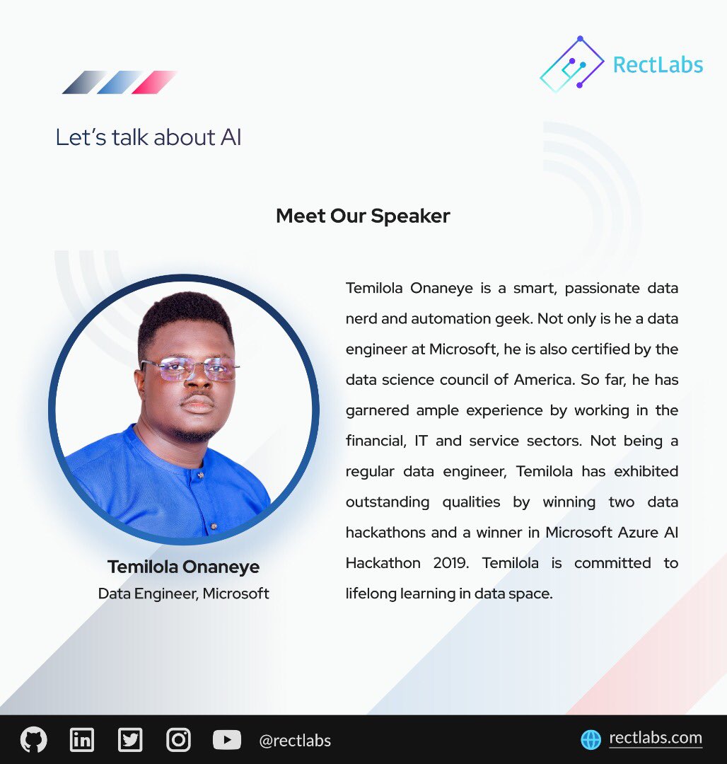 rectvision's tweet photo. Join our next #LetsTalkAboutAI Series with our CEO, @Elishatofunmi as he hosts @TheDataEngrDuke , a data engineer @Microsoft to talk about 

“Data Engineering for AI Systems: The Dos and Don'ts.”

🗓 Wed, 26th Oct, 2022
📌 Youtube Live
⏰ 5pm
Save a seat: https://t.co/BZGfPDEv6q https://t.co/tWJLXo9wON