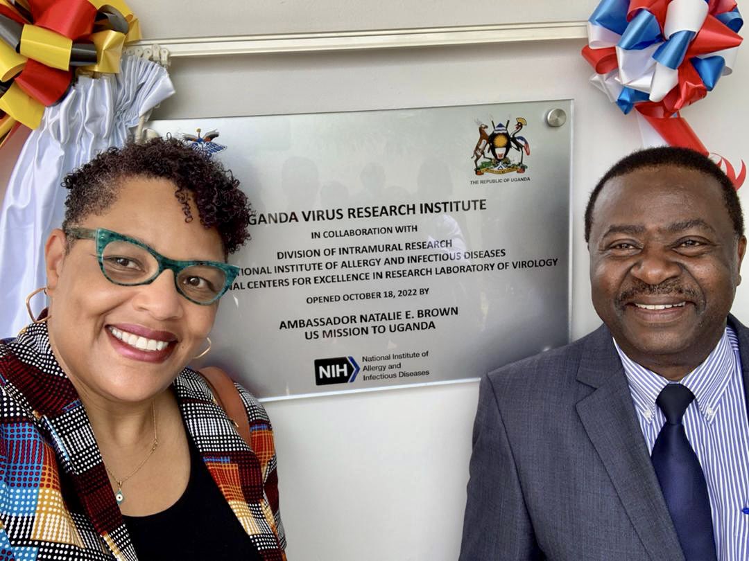 USAmbUganda's tweet photo. Honored to open a new @UVRIug @NIH Virology lab in Entebbe, an example of ongoing 🇺🇸 support for building locally driven research capacity. This lab will 💪 🇺🇬’s capacity to understand endemic zoonotic diseases &amp; develop countermeasures to prevent disease transmission in 🇺🇬 &amp; 🌍. https://t.co/y8jXoUYuOI