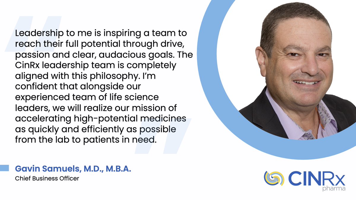 Today, we announced the appointment of Gavin Samuels, M.D., M.B.A to CBO. We’re thrilled to have him on board and look forward to his continued strategic input and #businessdevelopment expertise. cinrx.com/cinrx-pharma-a… #transformationalmedicines