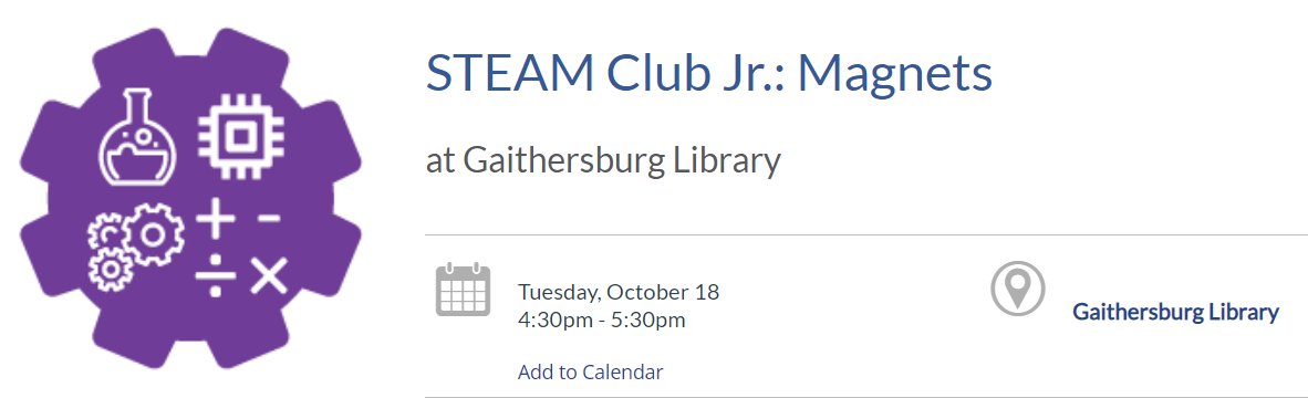 Heather LaDuca (@laducastem) on Twitter photo Learn about magnets with hands on exploration with STEAM Club Jr. at the Gaithersburg <a href="/MCPL_Libraries/">Montgomery County Public Libraries (MD)</a>
For Grades Kindergarten to 2nd. Parents/caregivers MUST accompany children under the age of 12 during the program.
mcpl.libnet.info/event/7329565 Learn about magnets with hands on exploration with STEAM Club Jr. at the Gaithersburg <a href="/MCPL_Libraries/">Montgomery County Public Libraries (MD)</a>
For Grades Kindergarten to 2nd. Parents/caregivers MUST accompany children under the age of 12 during the program.
mcpl.libnet.info/event/7329565