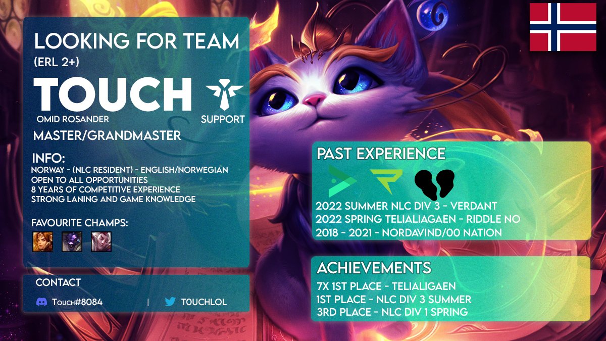 Hello~ I'm no longer contracted to @Verdant_gg and I'm an unrestricted FA exploring options for 2023!

Able to provide VODs of scrims and official games.
References: 
any previous coach/teammates
If interested contact me through DMs
❤️ &amp; 🔃 appreciated &lt;3