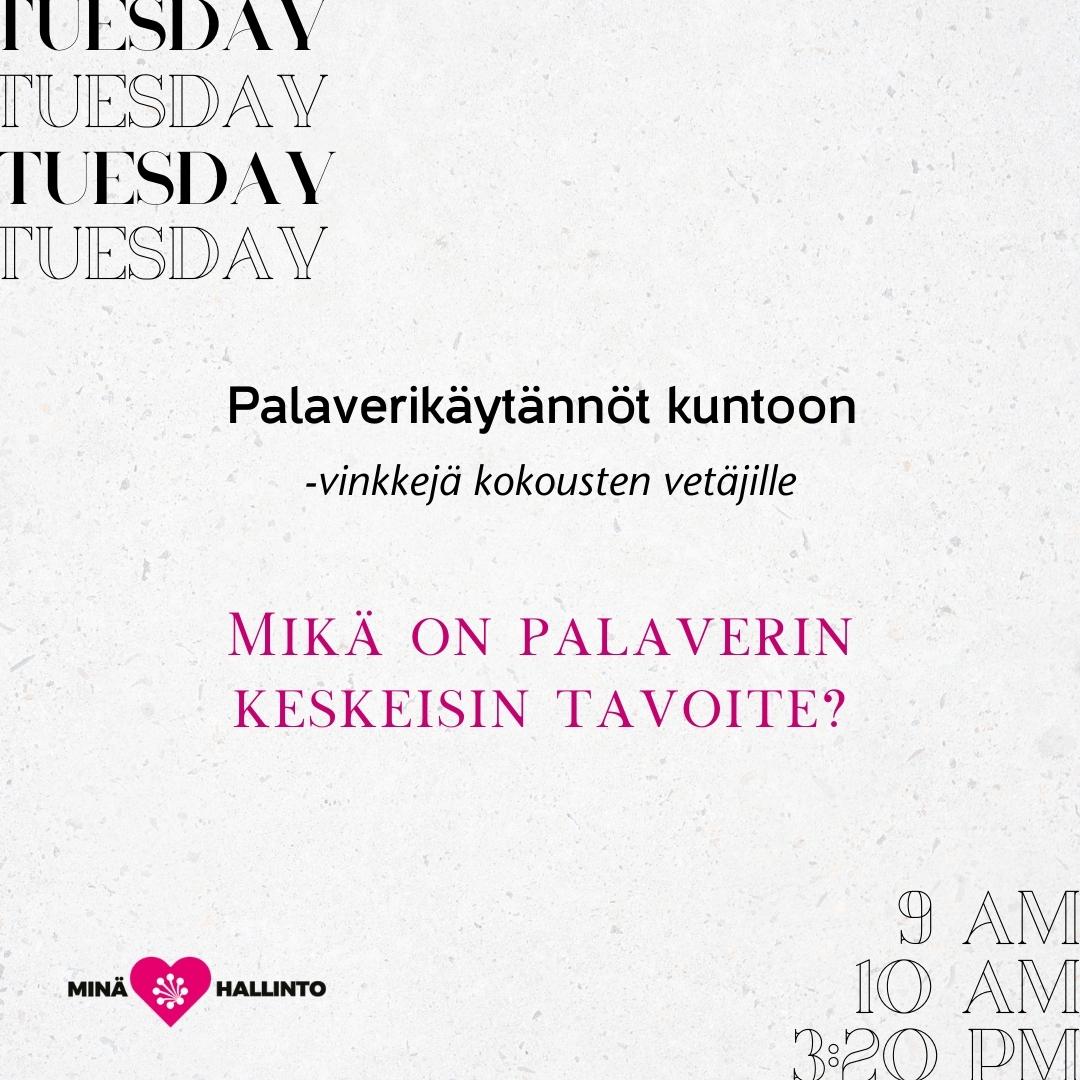 Kun palaverin ajankohta on sovittu, on aika miettiä mikä on kyseisen kokouksen tavoite. Tapaamista sujuvoittaa myös etukäteen suunniteltu ja osallistujille jaettu esityslista. PS. esityslistoista on paljon apua myös lyhyiden briiffien pitämisessä. 
#hallintoakatemia #palaverit