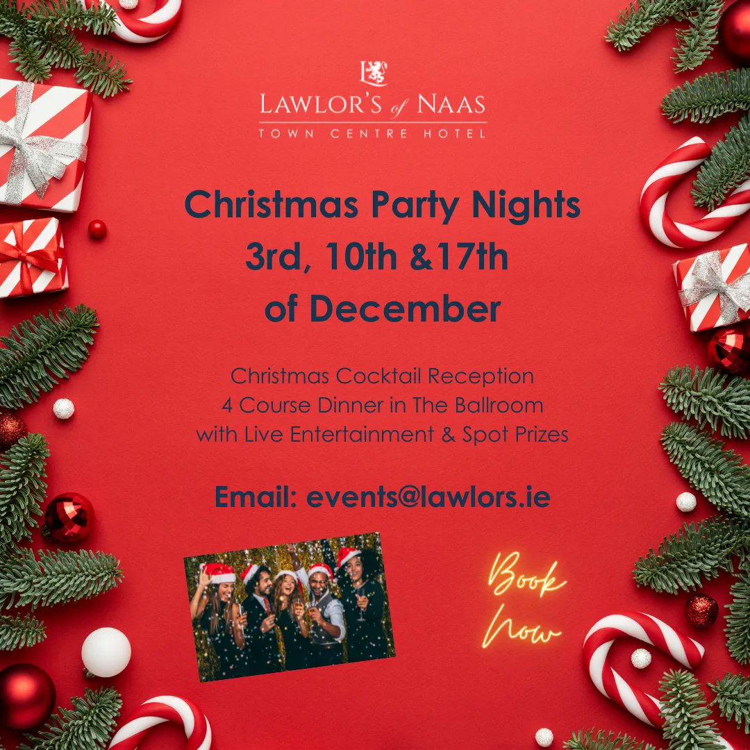 Christmas Party Nights at Lawlor's 🎄 
With a Christmas Cocktail reception, 4-course dinner, entertainment and spot prizes, it's the best work party night in Naas 🥳 
Email: events@lawlors.ie for more info 💻 

#LawlorsNaas #ChristmasParty #PartyNights #HotelKildare #NaasHotel
