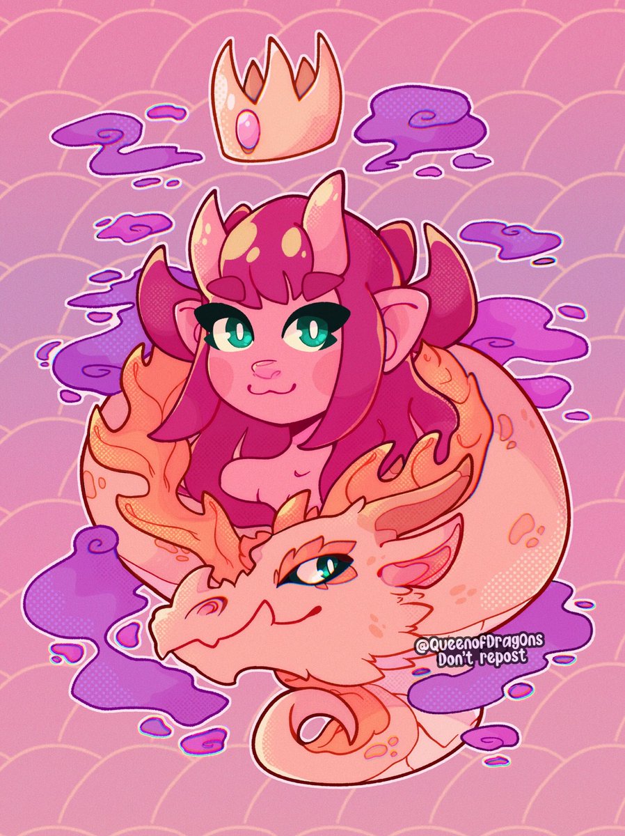horns 1girl crown dragon pointy ears pink skin smile  illustration images