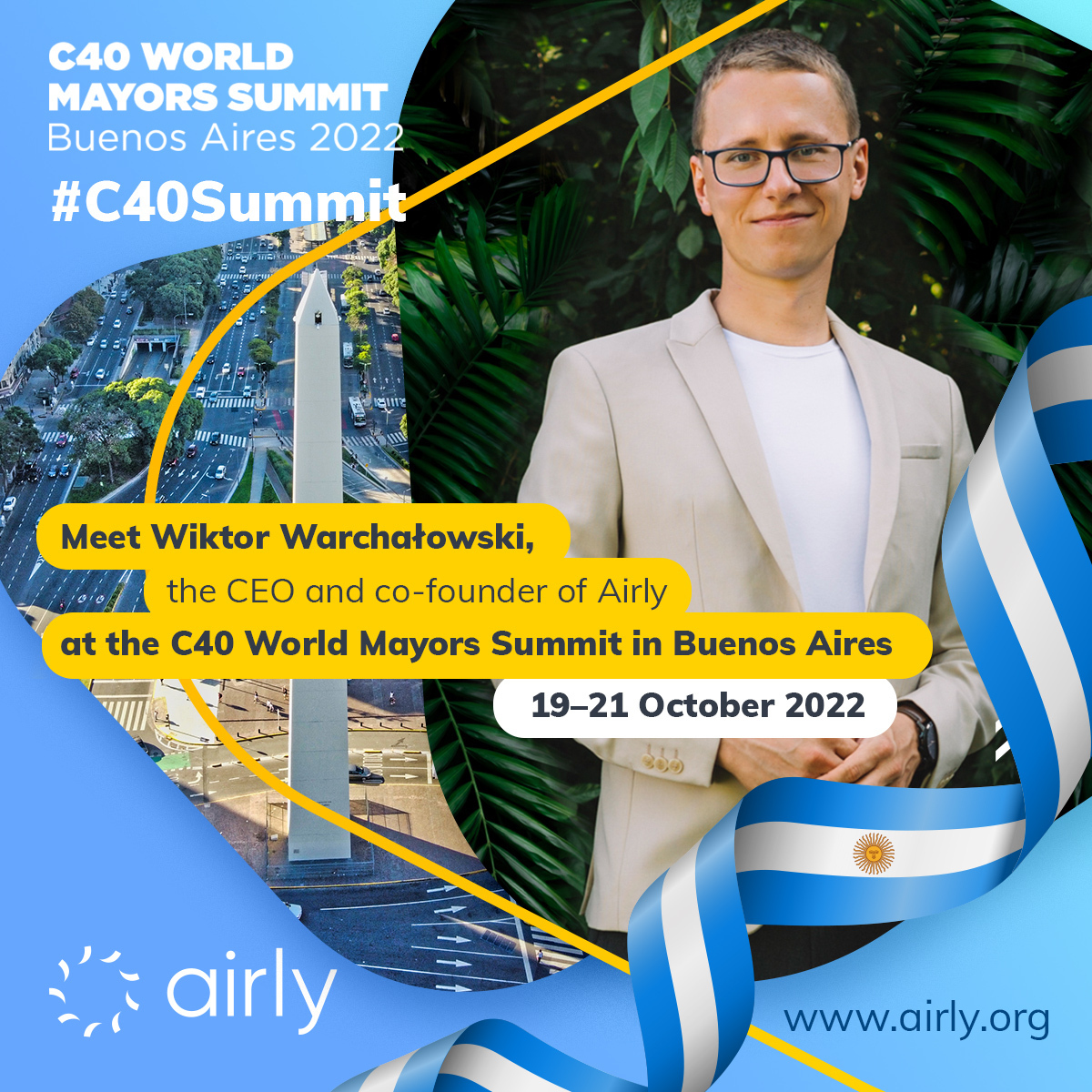 airlyorg's tweet photo. Buenos Aires here we come! #C40Summit

What are the first steps to implement an #airquality monitoring system in your city? Airly CEO and co-founder, Wiktor Warchałowski will attend the @c40cities Summit in #BuenosAires (October 19-21, 2022) and is happy to answer your questions. https://t.co/HNH6xqql18