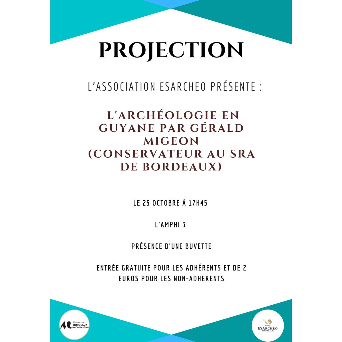 Bonsoir à tous et à toutes ! 

Nous vous donnons rendez vous le 25 octobre en Amphi 3, à l’occasion de la projection du documentaire « L’Archéologie en Guyane », réalisé par Gérald Migeon (conservateur au SRA de Bordeaux).

En espérant vous voir nombreux et nombreuses ! 😊