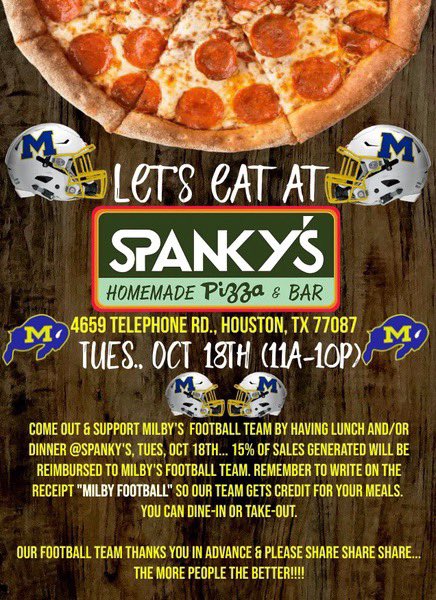 Milby Football (@milbyfootball) on Twitter photo Donโt worry about cooking tonight, come and hang out with Milby Football at Spankyโs!!! Donโt worry about cooking tonight, come and hang out with Milby Football at Spankyโs!!!