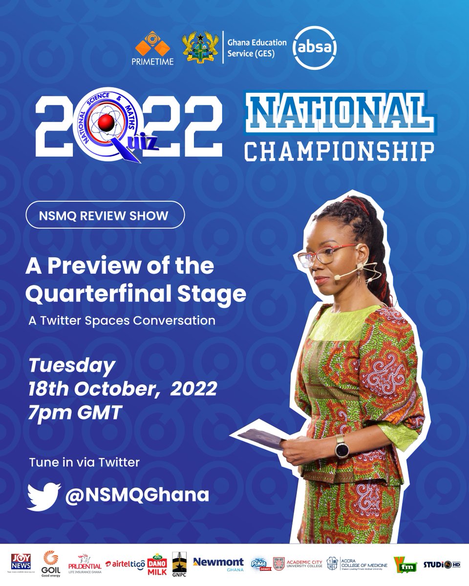 🎙️"The pressure is getting ..."

Join us tonight for another installment of the #NSMQ2022 Review Show Twitter Space, where we preview the #NSMQQuarters Contests and review the #NSMQOneEighth

Tune in at 7 pm GMT via x.com/i/spaces/1MYxN…

#Primetime