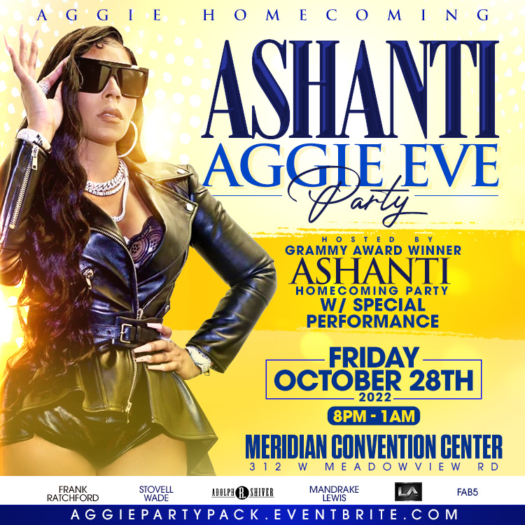 frankratchford's tweet photo. AGGIE HOMECOMING W/ASHANTI! CELEBRATE W/SPECIAL PERFORMANCE BY ASHANTI! TIX https://t.co/H1slquk8Ub #GHOE #AGGIEHOMECOMING #NCAT #ASHANTI https://t.co/XxA88GtVYy