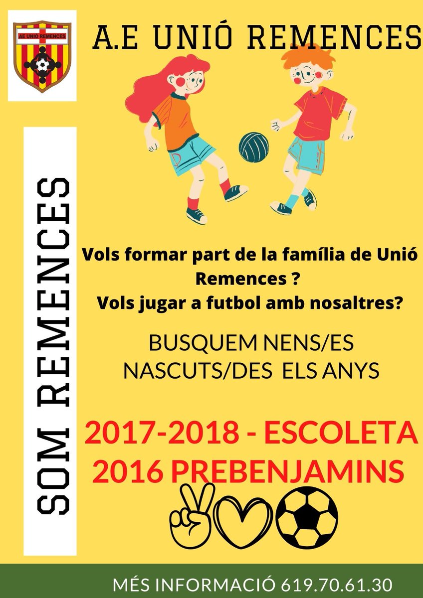 Des de l’Unió Remences busquem jugadors/es de 1r, P5 i P4 per complementar els nostres equips.
Per més informació 619706130 ( trucada o WhatsApp)