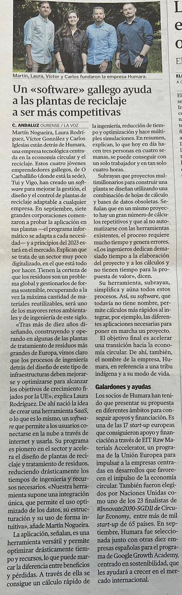Mil gracias a <a href="/lavozdegalicia/">La Voz de Galicia</a>  por su interés en lo que estamos creando en Humara y por tomarse un café con nosotros para conocernos mejor. 

lnkd.in/diH2TAcM

#economiacircular #residuos #emprendimiento #startups #Galicia