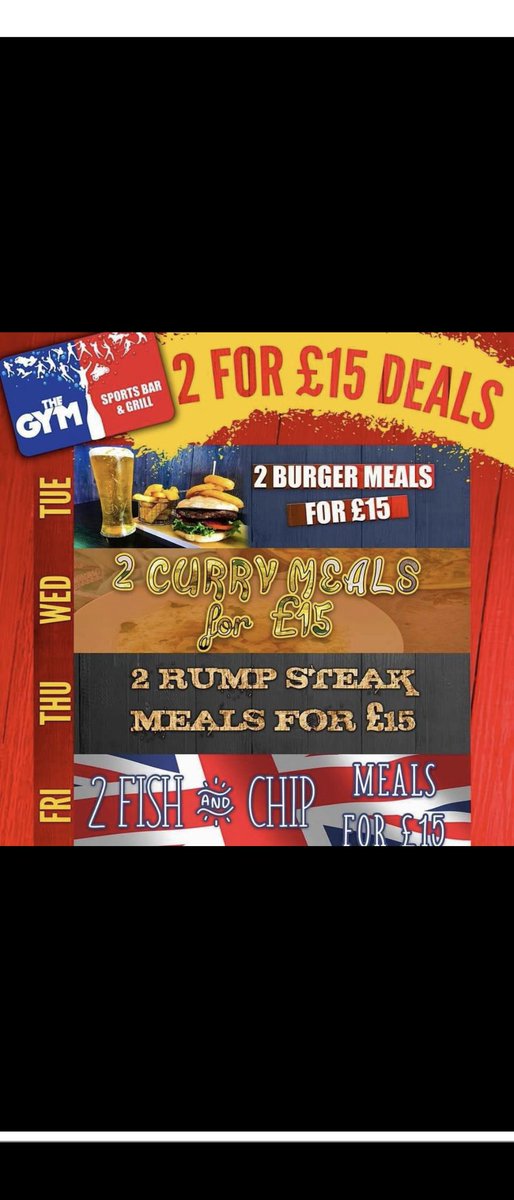 TheGymBSE's tweet photo. 🍔🍔Any 2 burgers for £15 
⏰⏰Serving til 10pm
😀😀Happy hour 20% off all draught, 🍹🍹wine &amp; cocktails     
⏰⏰4pm til 6pm
⚽⚽ Showing sports all day
🎱🎱Pool table
🎯🎯Darts board https://t.co/4y6jxsic7j