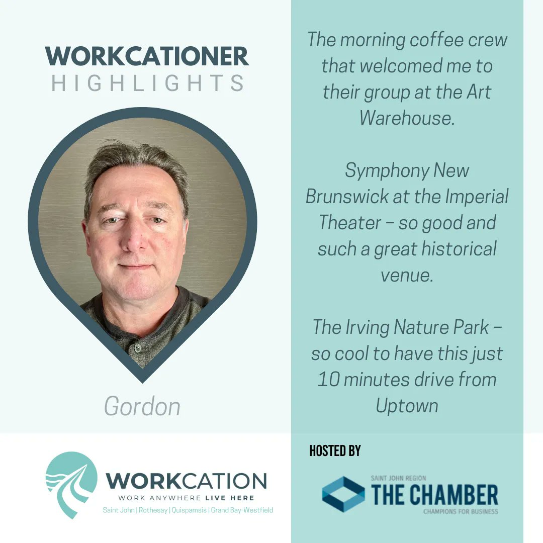 WorkcationSJNB's tweet photo. A handful of highlights from Gordon who has successfully completed his workcation this past week! 

Hosted by @TheChamberSJ. Special thanks to our partners @Gov_NB (WorkingNB and PETL), @EnvisionGSJ, @USTATIONwork, Uptown Saint John, @FusionSaintJohn and @YourSJAirport https://t.co/LKaGm5yARw