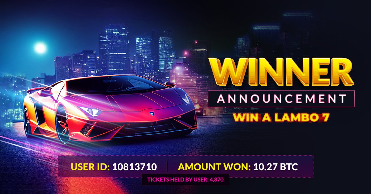 freebitco's tweet photo. Win a Lambo 7 has ended, and USER 10813710 is the winner with 4,870 tickets!

Win a Lambo 8 is LIVE at #FreeBitcoin, and you too can drive home your dream car in April 2023. 

#Lambo #WinALambo #Winner #Contest #LamboRound7 #GoldenTicketContest https://t.co/gb7A5tINzD
