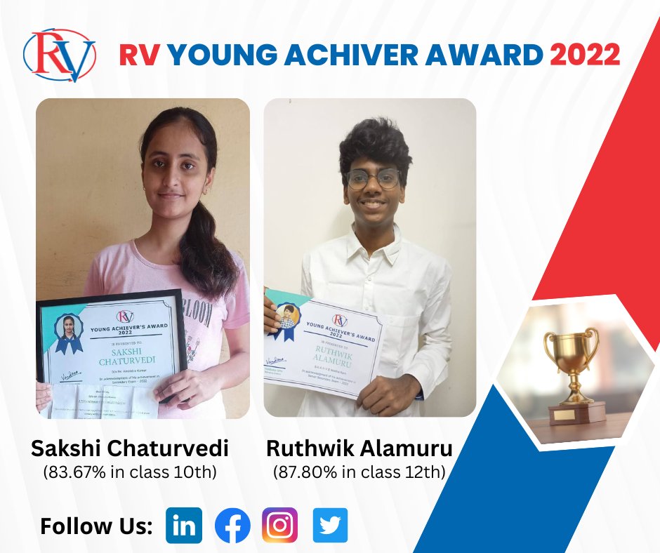 #TeamRV is proud of the achievements of the children of RVians. Ravindra Chaturvedi’s daughter, “Sakshi Chaturvedi” & Seetharam AHVS son Ruthwik Alamuru” showed excellent performance in the Secondary & Sr. Secondary Exams respectively in the year 2022. #rvsolutionspvtltd #rvian