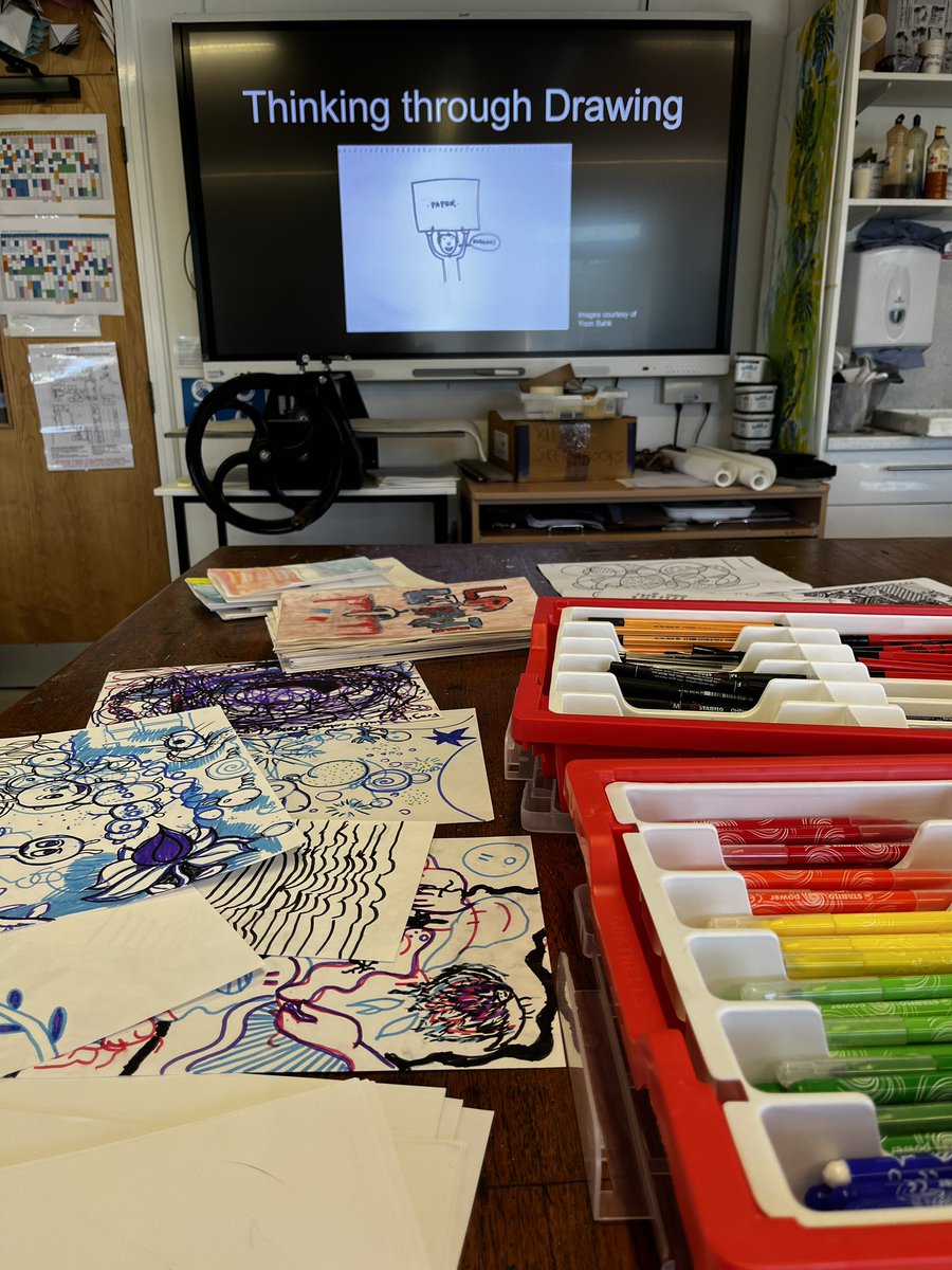 PerseArtDept's tweet photo. All set up for #doodle club this lunchtime, with a session on #thinkingthroughdrawing and #graphicnotation and #visualliteracy https://t.co/uHiWGEhXAe