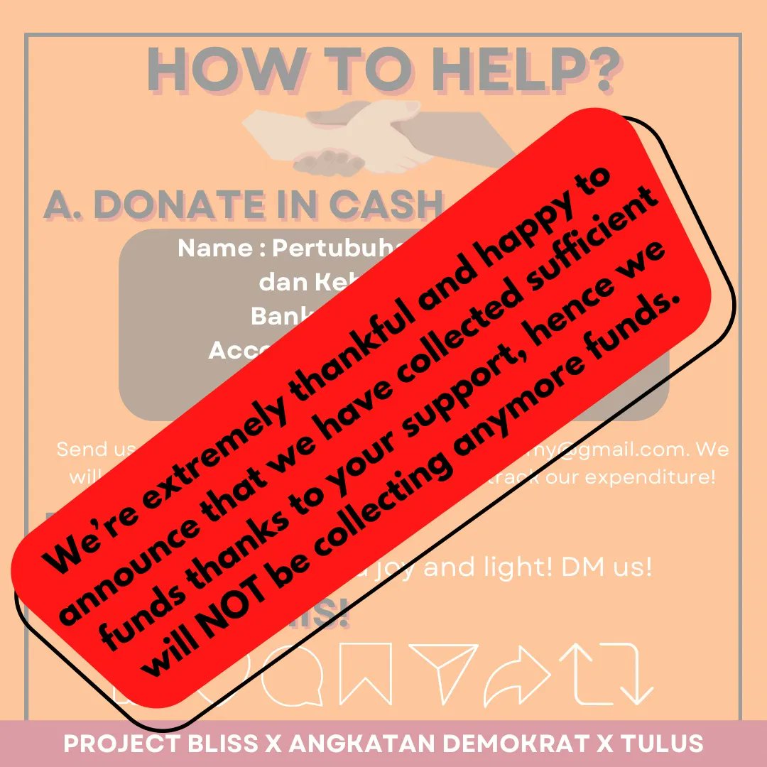 TulusVolunteers's tweet photo. We’re extremely thankful and happy to announce that we have collected sufficient funds thanks to your support, hence we will NOT be collecting anymore funds.

We thank you for your trust, and will share the expenses as soon as we can.

⬇️ https://t.co/U17oKMIeng
