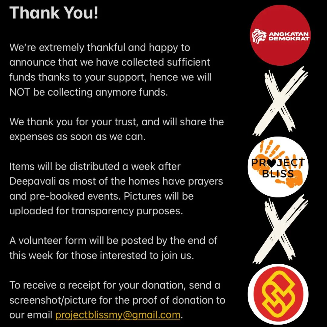 TulusVolunteers's tweet photo. We’re extremely thankful and happy to announce that we have collected sufficient funds thanks to your support, hence we will NOT be collecting anymore funds.

We thank you for your trust, and will share the expenses as soon as we can.

⬇️ https://t.co/U17oKMIeng