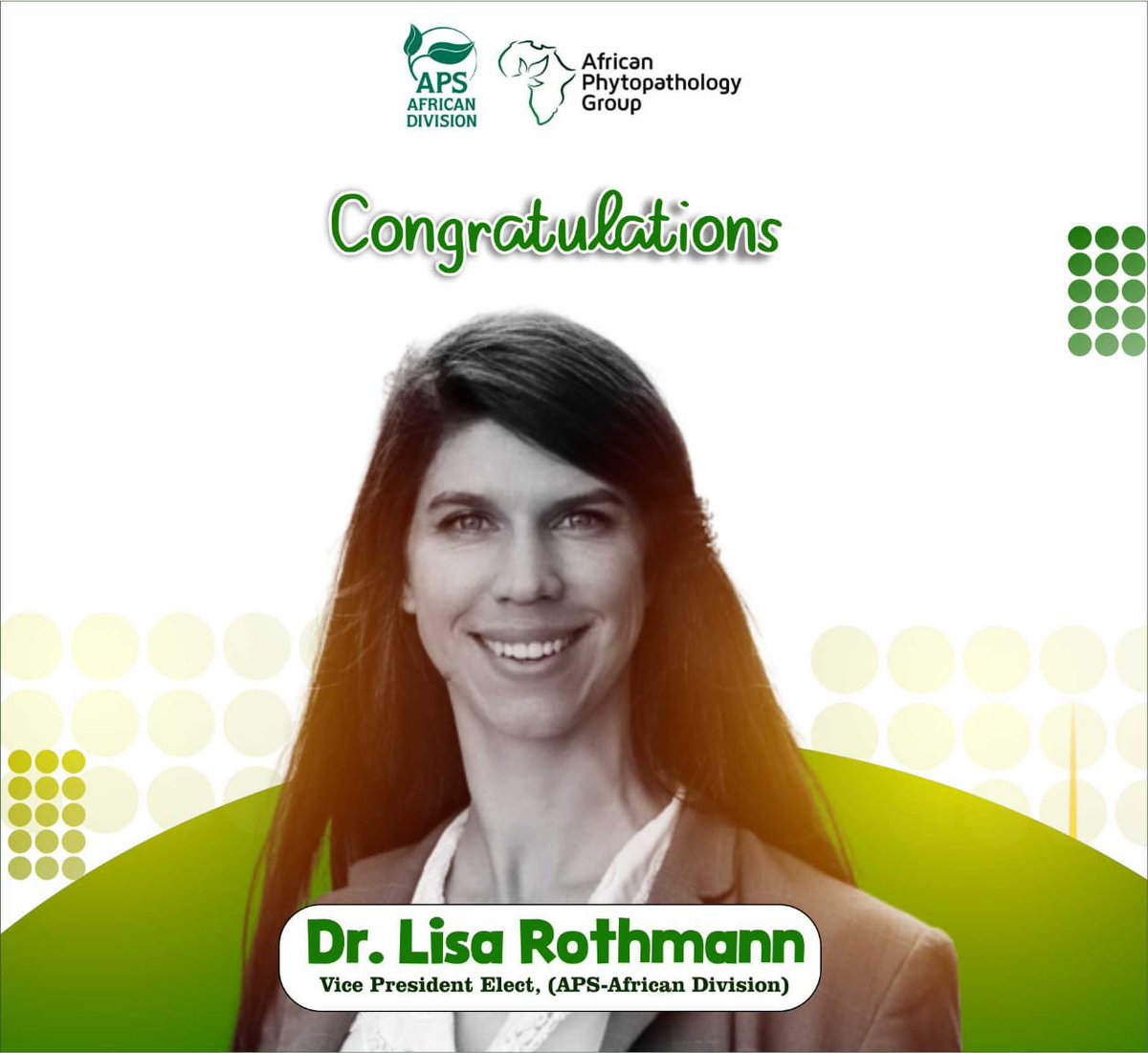 African Phytopathology Group (@phytopathafrica) on Twitter photo We're happy to announce <a href="/LandbouLisa/">Lisa Rothmann</a> of <a href="/UFSweb/">UFS</a> as our new vice-president.She polled 63.64% votes whilst the runner-up <a href="/shabintiyusuf/">Dr. Shahasi Y. Athman๐ฐ๐ช๐บ๐ฌ</a> of <a href="/MakCoNAS/">Makerere University College of Natural Sciences</a> <a href="/Makerere/">Makerere University</a> polled 36.36% of the total votes casted.We thank you both for your interest in serving our division.
CONGRATULATIONS๐๐ฅณ We're happy to announce <a href="/LandbouLisa/">Lisa Rothmann</a> of <a href="/UFSweb/">UFS</a> as our new vice-president.She polled 63.64% votes whilst the runner-up <a href="/shabintiyusuf/">Dr. Shahasi Y. Athman๐ฐ๐ช๐บ๐ฌ</a> of <a href="/MakCoNAS/">Makerere University College of Natural Sciences</a> <a href="/Makerere/">Makerere University</a> polled 36.36% of the total votes casted.We thank you both for your interest in serving our division.
CONGRATULATIONS๐๐ฅณ
