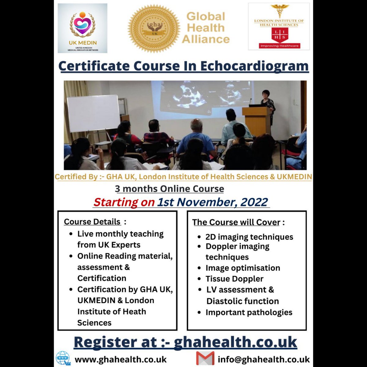 GhaHealth's tweet image. Certificate Course in Echocardiogram (3 months) 

• Starting on 1st November, 2022
• Register at :- ghahealth.co.uk
• Email :- info@ghahealth.co.uk

#ECS2022 #BCS2022 #Cardiotwitter #medtwitter #echofirst #HeartEcho #ESC #AHA #CriticalCare #CardiologyTrainee #Echo
