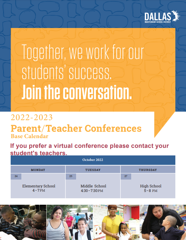 KramerDISD's tweet photo. Parents, conferences for the first nine weeks start next week on Monday, October 24. Be on the lookout with @RemindHQ or the Colt Folders for information on how to sign up to meet with your child's teacher(s). See you soon! @JuanCordobaDISD @AttendanceDISD @kramerpta https://t.co/SuFSqiW8jQ