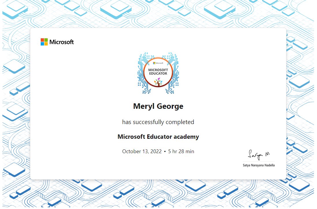 MerylMariaGeor1's tweet photo. Happy to achieve the Microsoft Educator Certificate. @nmsedtech @Fatima_Martin @JayarajVenetia @gemsnms_alkhail https://t.co/XoRQsvkyqp