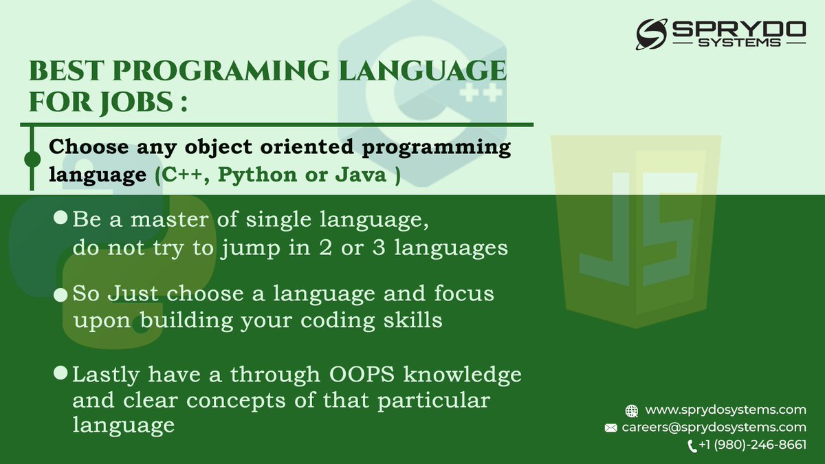 sprydo_systems's tweet photo. Best Programming Language For jobs.
Grab the Opportunity with the help of https://t.co/8zQZFwc0SP
Kindly send your Updated Resume to careers@sprydosystems.com or you can reach us directly @ + 1 980-246-8661
#Sprydosystems #cpt #opt #jobsinus #hiring #F1visa #programming https://t.co/kJycZ58uRJ