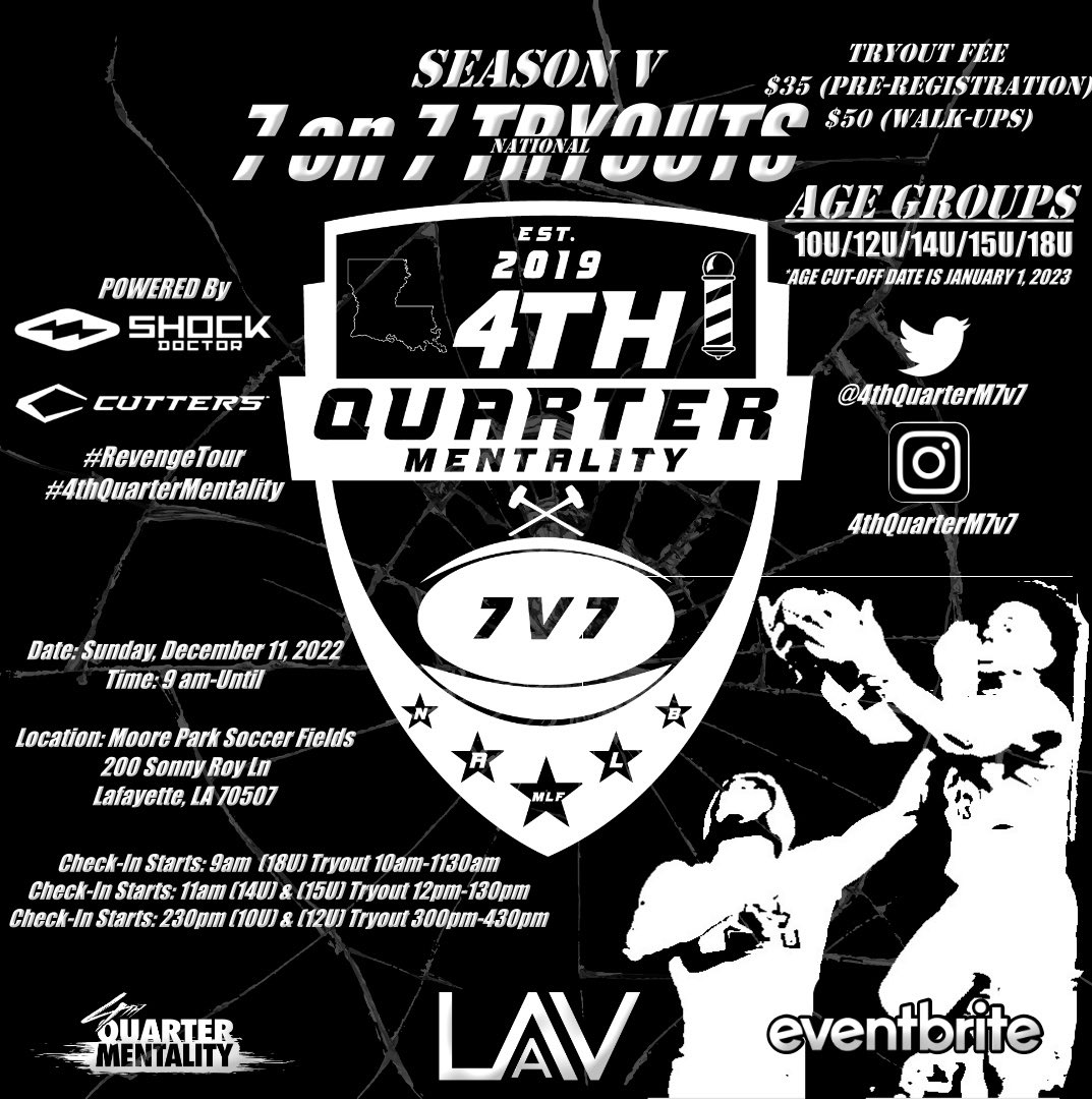 4thQuarterM7v7's tweet photo. 🚨NATIONAL TEAM TRYOUTS 🚨
👉🏾REGISTRATION LINK: https://t.co/ZQSVzluXmA
2 MONTHS AWAY..LOOKING FOR THE NEXT SET OF DOGS…. WHO GOT WHAT IT TAKES? DEC. 11TH ITS UP 🎥 🍿 @fgmklen TAG 🏷 A BALLER
🔥🔥🔥🔥
#PleaseShare
#4thqtmentality
#nextcrop
#sports
#americanfootball #football https://t.co/iDZf5wSqqk