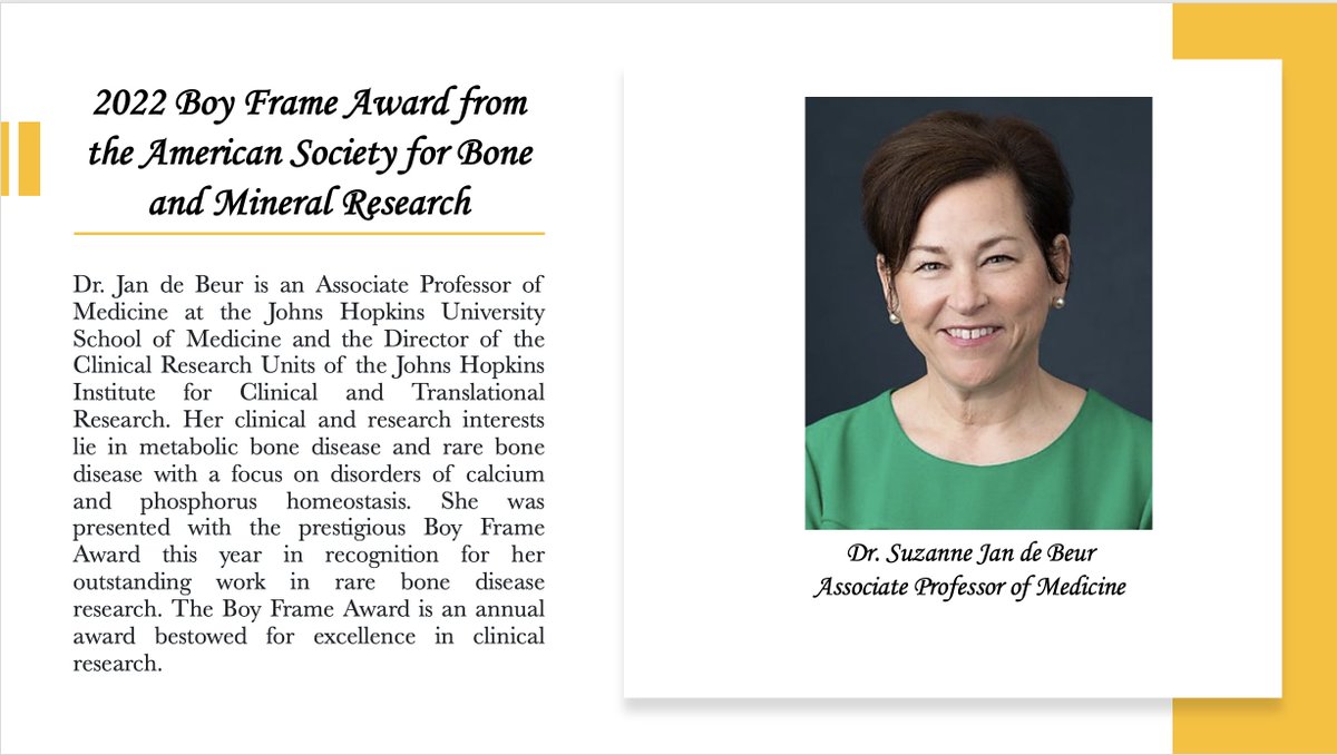 Congrats to Dr. Suzanne Jan de Beur for being awarded the prestigious Boy Frame Award from <a href="/ASBMR/">ASBMR</a> for her outstanding work in rare bone disease research! <a href="/HopkinsMedicine/">Johns Hopkins Medicine</a> <a href="/JohnsHopkinsDOM/">Johns Hopkins Department of Medicine</a> 🥳🥳