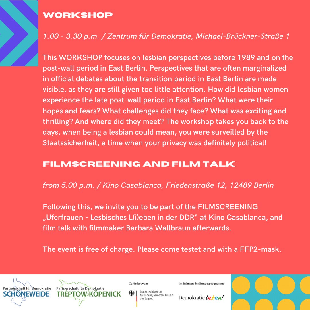 Samstag 05.11. | Kommt zum Workshop und Filmscreening von "Uferfrauen - Lesbisches L(i)eben in der DDR". Anmeldungen bitte an pfd-sw[at]offensiv91. de #zfd #uferfrauen #lgbtiqa #ddr #demokratie
