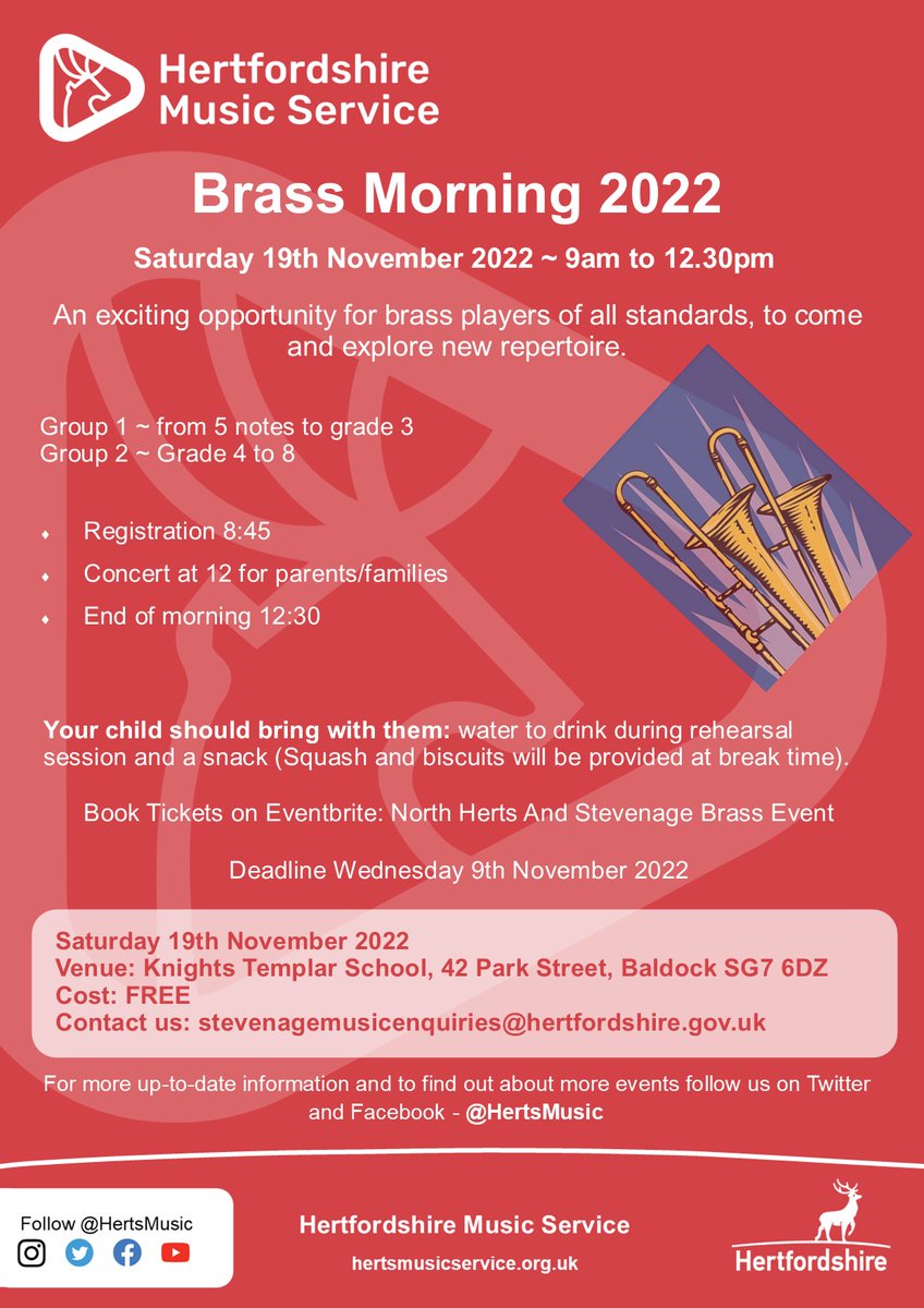 Calling all Brass players! 
Come along and join us for this free Brass Morning in November.  
Easy sign up on Eventbrite.