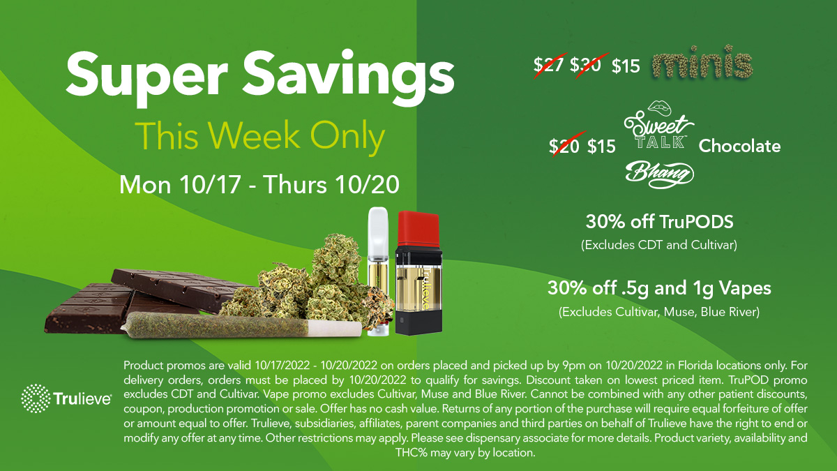 Trulieve's tweet photo. ๐คYou know what time it is...Check out all the sales we have for you, running up until Thursday.๐ Enjoy! #Trulieve #CannabisLife #Weeklyspecials #edibles #cartridges #prerolls #GroundFlower https://t.co/2CsqLRO28Q