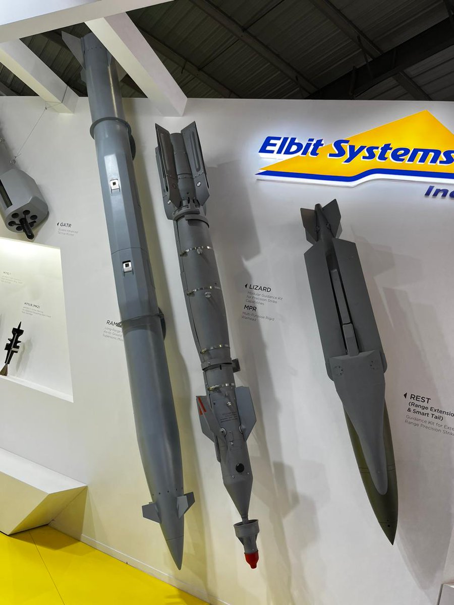 alpha_defense's tweet photo. Right and centre: @ElbitSystemsLtd REST and Lizard range extension and guidance kits

Left: Rampage air-launched rockets

We were the first to break that the @indiannavy will be using #Rampage on it's Mig-29K aircrafts

#DefExpo2022 #elbitsystems #indiannavy #airlaunched #defexpo https://t.co/kQb9zTJLmK