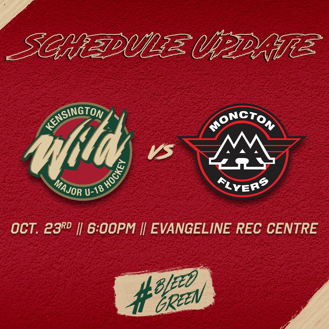KensingtonWild's tweet photo. 🚨 SCHEDULE UPDATE 🚨

Our December 22nd game against the @MonctonFlyers has been moved ahead to SUNDAY, OCTOBER 23rd at 6:00pm in Evangeline!

Minor hockey players wearing their jerseys get in to the game for FREE! https://t.co/V5OoOxKCFx