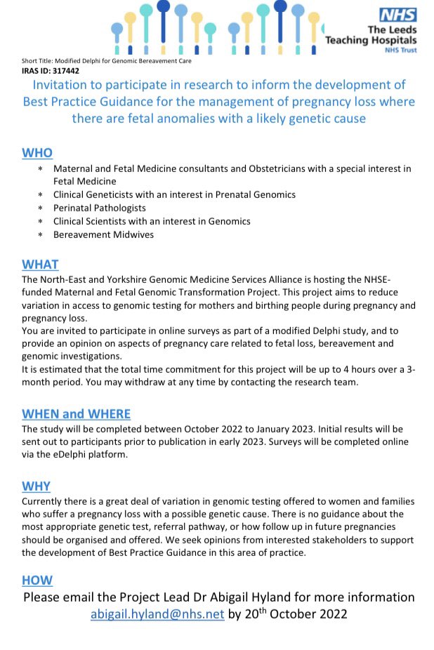 AbbyHyland4's tweet photo. CLOSING SOON. Following on from #NHSGenomics2022 summit, @NEYGenomics are recruiting for a #Delphi study for #Genomic #BereavementCare. Participants wanted to shape care following Pregnancy Loss in England #fetalgenomics #fetalmedicine @BMFMSNews @JenCampbellKhan @JessicaWoods87 https://t.co/rztFkKIlKw