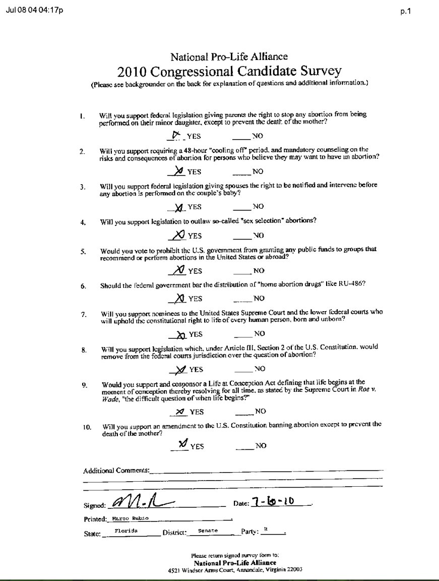 ChessSheila's tweet photo. Marco Rubio supported banning almost all abortions in a newly uncovered 2010 questionnaire. He is a hypocrite. https://t.co/m23EZxUTSI