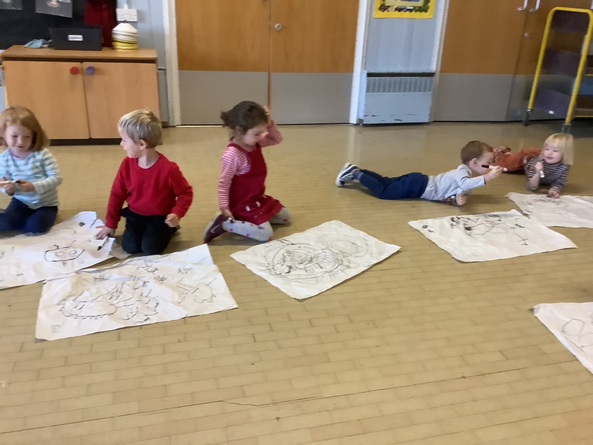 We took our learning into the hall this morning so we had a big space to draw Dinosaur pictures. The produced drawings were so impressive and produced some excellent language and Dinosaur discussion! @BethanHulse came to see how talented our Nursery children are! <a href="/BrookburnP/">Brookburn Primary</a>