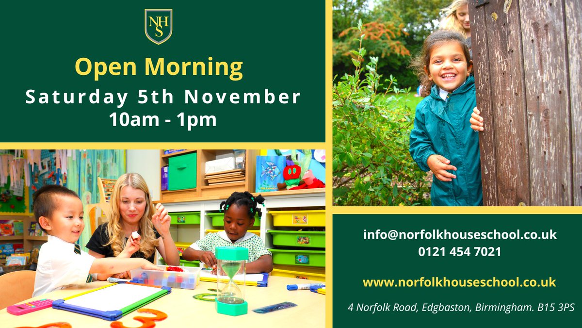 Prospective parents are warmly invited to our Open Morning on Saturday 5th November.

To book your slot, please email: info@norfolkhouseschool.co.uk or call: 0121 454 7021

norfolkhouseschool.co.uk