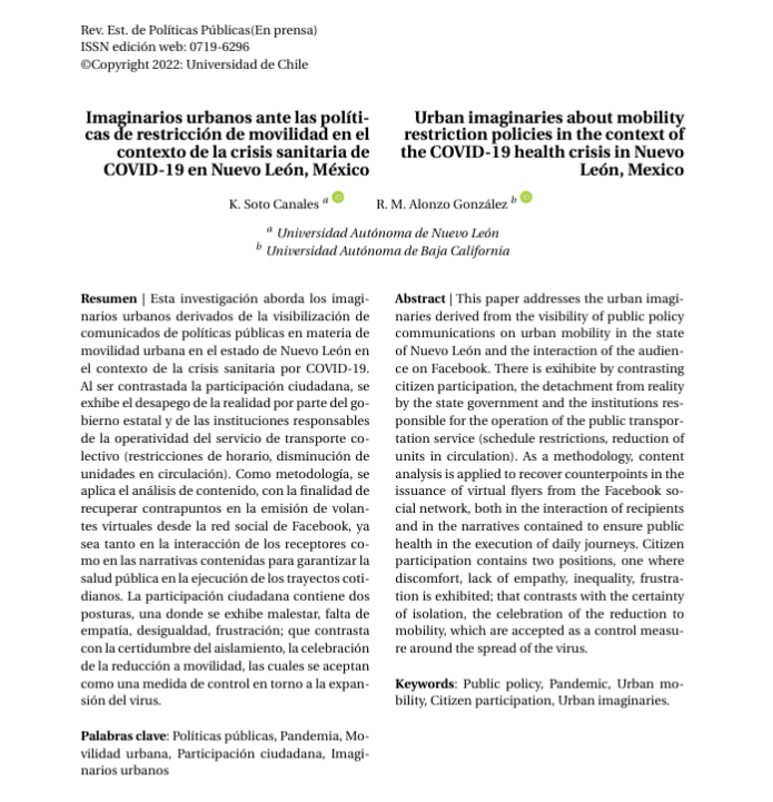 REPP_UChile's tweet photo. [NUEVO ARTÍCULO] #postprint
Soto Canales, K., &amp; Alonzo González, R. M. (2022). Imaginarios urbanos ante las políticas de restricción de movilidad en el contexto de la crisis sanitaria de COVID-19 en Nuevo León, México.
https://t.co/lNfGNJNEWZ https://t.co/90KuEkJzkX