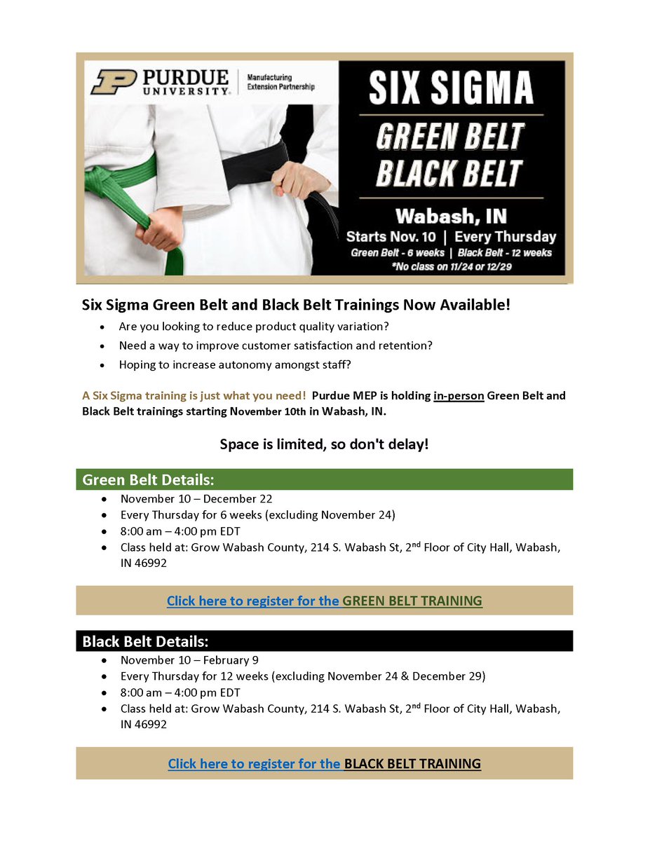 Besiege LLC and Purdue University will be facilitating TWO Lean Six Sigma courses!

Register for Green Belt here: bit.ly/3SVeFvB
Register for Black Belt here: bit.ly/3MruDLM