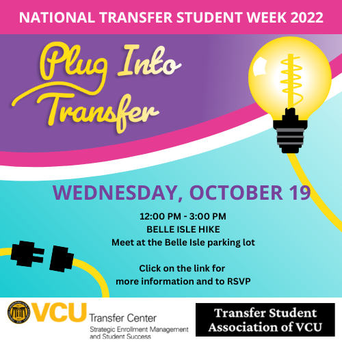 VCUTransfer's tweet photo. Join Us on Wednesday for National Transfer Student Week Wellness Wednesday with RecWell and Belle Isle Hike with TSA. Click on the link for more information and to RSVP. https://t.co/rh6iRv38jx
#TransferStudentWeek #vcutransferstudents #vcutransfer https://t.co/uOTraj5ckd