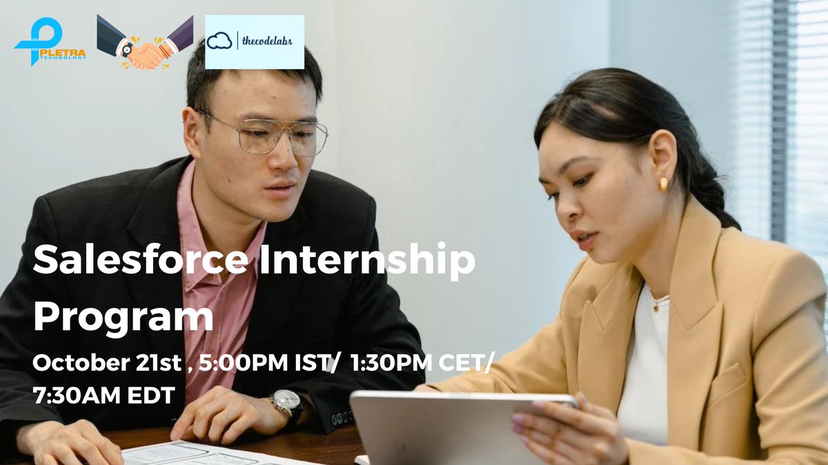 Pletratech1's tweet image. PletraTech proud to collaborate with theCodeLabs to launch an internship program for energetic and talented candidates (2020 pass out onwards Candidates) in partnership with theCodeLabs.

Register here to attend this session bit.ly/3dPk8Vw

#pletra #sfdctraining