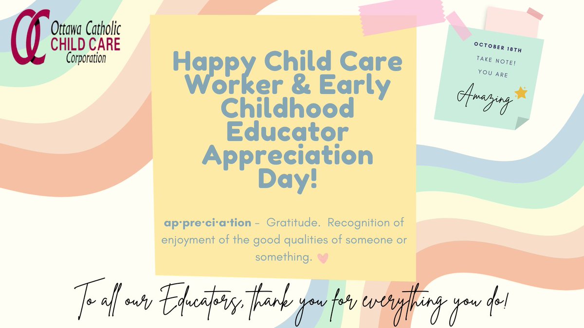OCChildCareCorp's tweet photo. Thank you to all our Educators who work hard to create safe and healthy learning environments for the children and families we serve. Happy Child Care Worker and Early Childhood Educator Appreciation Day! #ECE #ECEappreciation #CCWAD #earlyyears #eceappreciationday https://t.co/U809s2r8Kx