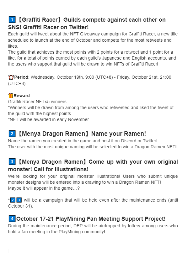 PlayMining_SG's tweet photo. The details of the campaign for tomorrow, October 19th, (Wednesday) are as follows!
Please continue to join us on our official Discord!

✅PlayMining Discord:
https://t.co/tHradOrft8

👉Details Campaign: https://t.co/7LGUN0iVJH
#PlayMining #DEAPcoin #DEP #CookinBurger #Mendra https://t.co/QzNoLJSh9B
