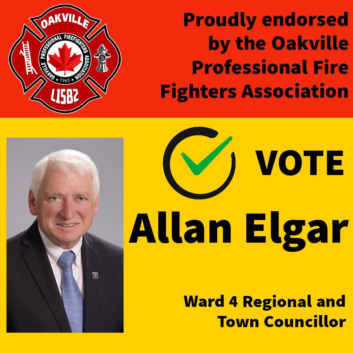 Your Oakville Professional Fire Fighters Association proudly endorses Allan Elgar <a href="/AllanElgar/">Allan Elgar</a> for Oakville Ward 4 Town &amp; Regional council. #PublicSafety <a href="/opffa/">OPFFA</a> <a href="/IaffPolitics/">IAFFPolitics</a> <a href="/iaff13th/">IAFF13thDistrict</a> <a href="/IAFFofficial/">International Association of Fire Fighters</a> <a href="/IAFFCanada/">IAFF Canada Fire Fighters - Pompiers AIP Canada</a>