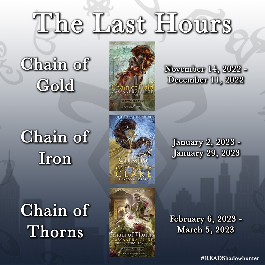READShadowhunt's tweet photo. ➰75 DAYS UNTIL AGAIN OF THORNS➰
Will you be reading with us?
We start with Chain of Gold on November 11.
#READShadowhunter @cassieclare @simonteen @ShadowhunterBks @TMI_Source https://t.co/i8CKnlocYr