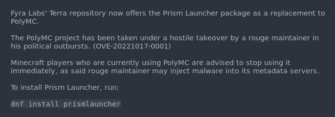 UltramarineProj's tweet image. Security Advisory OVE-20221017-0001

Users of #PolyMC should stop using the launcher immediately.

A replacement for PolyMC is available for Ultramarine 37 Beta, otherwise please use copr.fedorainfracloud.org/coprs/g3tchoo/…

#Minecraft #PolyMC
